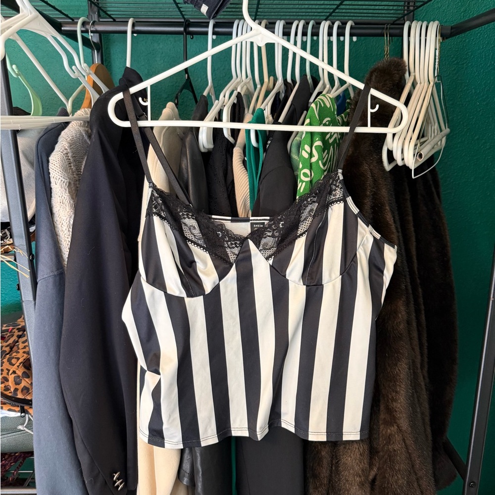 SHEIN Black & White Vertical Striped Lace-Trim Cami